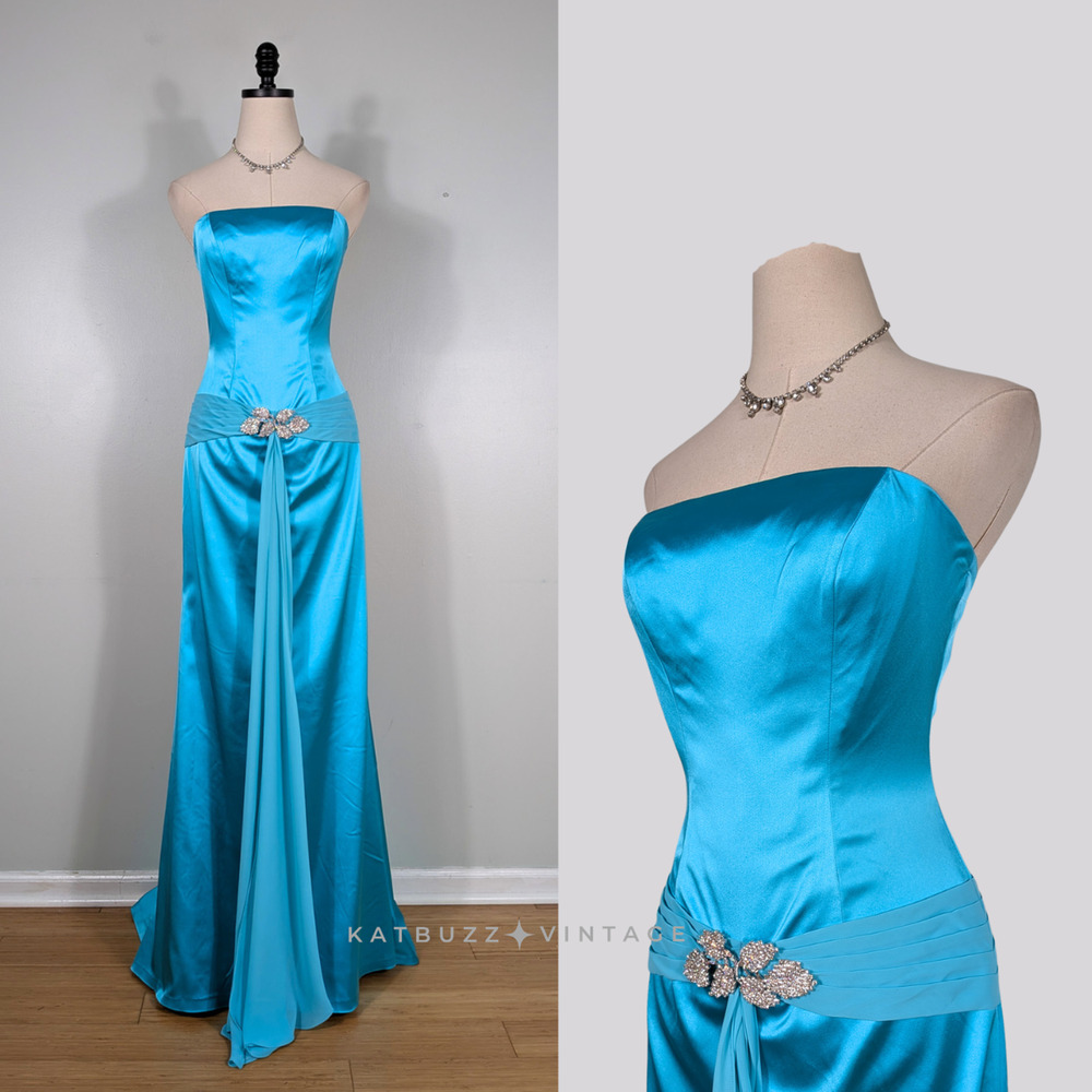 Vintage Jovani Prom Dress Maxi Gown 8 Turquoise Blue Y2K Satin Strapless Glam